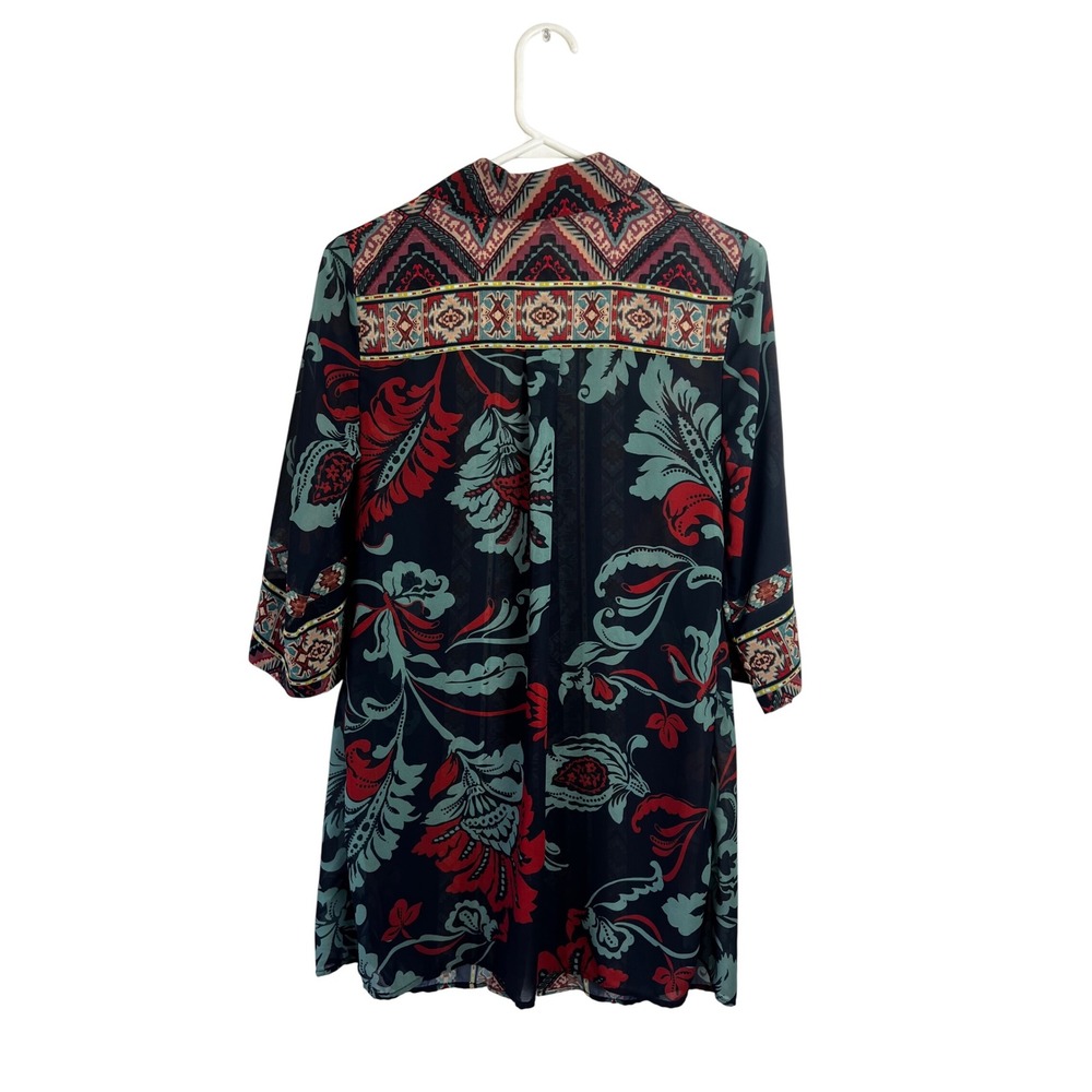 Soft Surroundings Navy Tribal iKat Print Button Up Tunic Top Kimono Jacket Sz XS - Picture 6 of 10